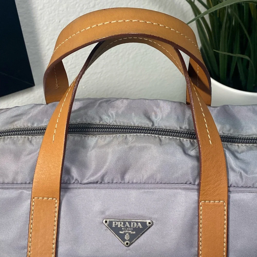 Prada Gray Nylon Satchel with Tan Leather Handles